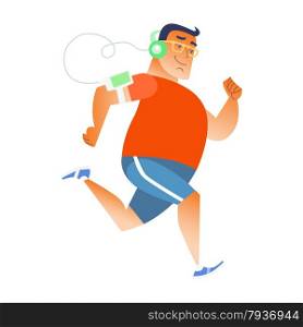 Fat man does running and listening to music in the player and headphones. Sports and fitness. Fat man does running listening music player headphones
