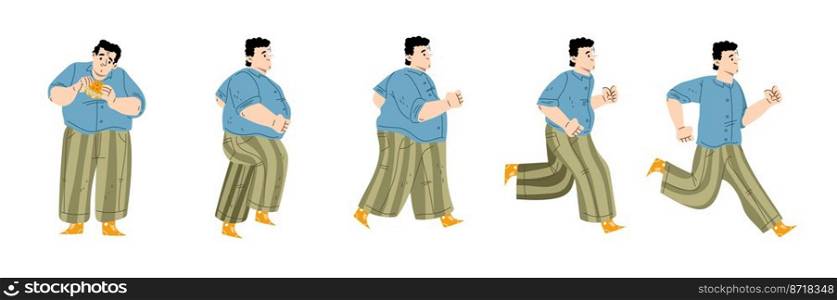 Fat man eat hamburger, start running and loss weight. Person with overweight jogging and get healthy slim body. Concept of diet, exercises and activity for health, vector flat illustration. Fat man eat hamburger, start run and loss weight