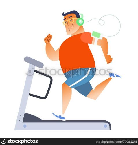 Fat man on a stationary treadmill listening to music on the player. Fat man on a stationary treadmill