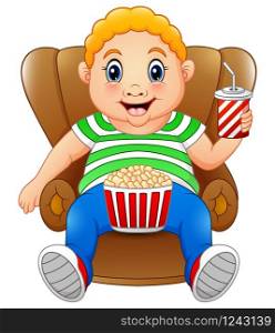 Fat man sitting on the chair with popcorn and drinking