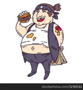 Fat man with burger. Obese character. Cartoon vector illustration. Isolated objects on white background.