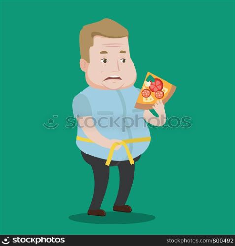 Fat man with slice of pizza measuring waistline with tape. Man measuring with tape the abdomen and eating pizza. Overweight man with centimeter on waist. Vector flat design illustration. Square layout. Man measuring waist vector illustration.
