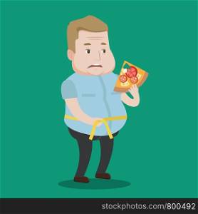 Fat man with slice of pizza measuring waistline with tape. Man measuring with tape the abdomen and eating pizza. Overweight man with centimeter on waist. Vector flat design illustration. Square layout. Man measuring waist vector illustration.