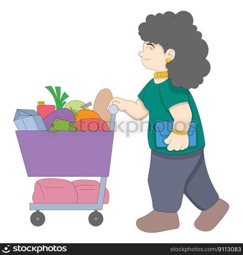 fat mom is pushing her monthly grocery shopping cart. vector design illustration art