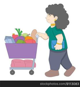 fat mom is pushing her monthly grocery shopping cart. vector design illustration art