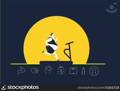 fat obese man running on treadmill oversize fat guy weight loss with heath icon on yellow background illustrator