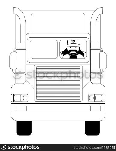 Fat round flat cartoon style black beard truck driver. In trucker cap sitting inside big cargo car. Line-art illustration isolated on white. fat driver - contour