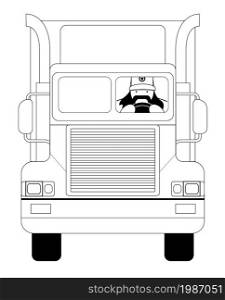 Fat round flat cartoon style black beard truck driver. In trucker cap sitting inside big cargo car. Line-art illustration isolated on white. fat driver - contour