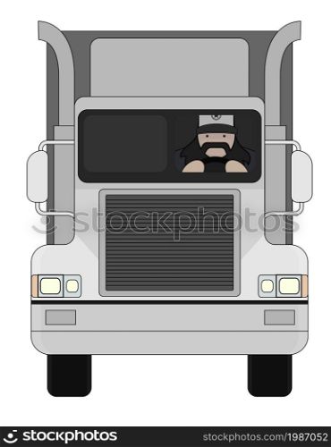 Fat round flat cartoon style black beard truck driver. In trucker cap sitting inside big cargo car. Color illustration isolated on white. Cargo driver. Color