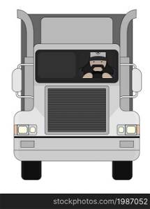 Fat round flat cartoon style black beard truck driver. In trucker cap sitting inside big cargo car. Color illustration isolated on white. Cargo driver. Color