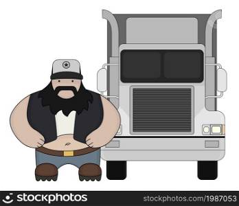Fat round flat cartoon style black beard truck driver. In trucker cap standing near big cargo car. Color illustration isolated on white. Fat cartoon style truck driver