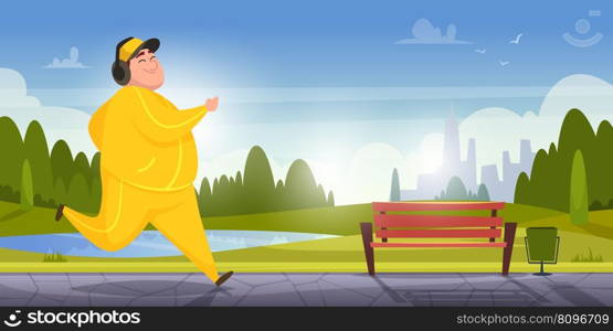 Fat sport people. Fitness daily activity of fat persons exact vector cartoon background. Illustration of fitness sport, fat man run. Fat sport people. Fitness daily activity of fat persons exact vector cartoon background