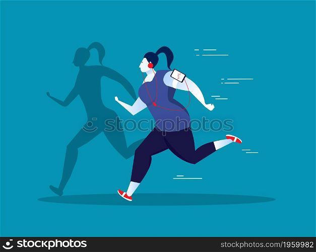 fat woman exercise on with thin body shadow illustrator vector