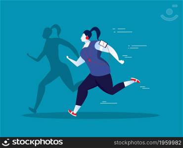 fat woman exercise on with thin body shadow illustrator vector