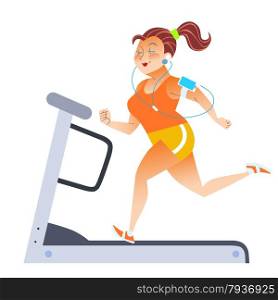 Fat woman on sport stationary treadmill. Girl listening to music. Fat woman on sport stationary treadmill
