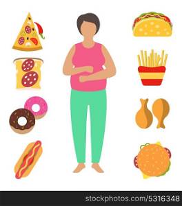 Fat Woman. Problem with Excess Weight Due to Wrong Diet. Fast Food Obesity. Fat Woman. Problem with Excess Weight Due to Wrong Diet. Fast Food Obesity - Illustration Vector