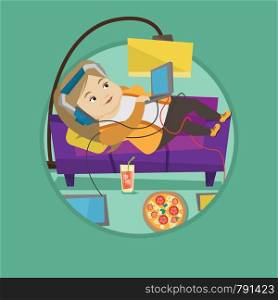 Fat woman relaxing on sofa with many gadgets. Woman lying on a sofa surrounded by gadgets and fast food. Plump woman using gadgets. Vector flat design illustration in the circle isolated on background. Woman lying on sofa with many gadgets.