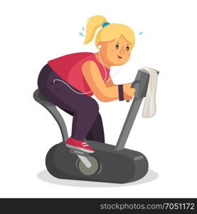 Fat Woman Training Vector. Lose Weight. Fat Woman Dieting, Fitness. Get Rid Of Fat Belly. Flat Cartoon Illustration. Fat Woman In Gym Vector. Female Running On Treadmill. Exercise Bike. Fitness Girl Training. Obese Woman Running On Treadmill. Isolated Flat Cartoon Character Illustration