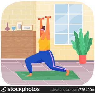 Fat woman training with dumbbells at home, cartoon vector illustration. Obese, fat, chubby woman doing weightlifting exercises, going to gym, working out, takes care of health and beauty of her body. Fat woman training with dumbbells at home. Obese, fat, chubby woman doing weightlifting exercises