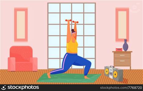 Fat woman training with dumbbells at home, cartoon vector illustration. Obese, fat, chubby woman doing weightlifting exercises, going to gym, working out, takes care of health and beauty of her body. Fat woman training with dumbbells at home. Obese, fat, chubby woman doing weightlifting exercises