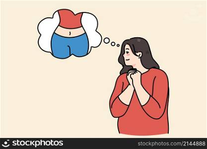 Fat woman with speech bubble with thin body picture in dream of toned slim figure. Obese overweight female imagine good shape. Diet and nutrition, obesity problem. Lose weight. Vector illustration. . Fat woman dream of thin slim body