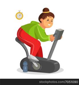 Fat Woman Working Out In Gym Vector. Training On Exercise Bike. Girl Working Out In Sweat. Young Obese Woman. Isolated On White Cartoon Character Illustration. Fat Woman Training Vector. Lose Weight. Fat Woman Dieting, Fitness. Get Rid Of Fat Belly. Flat Cartoon Illustration