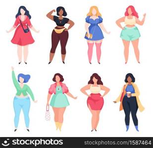 Fat women. Charming plus size woman in fashionable trendy casual clothes set, young sexy models curvy body positive, happy lovely overweight female characters vector flat cartoon on white collection. Fat women. Charming plus size woman in fashionable casual clothes set, sexy models curvy body positive, happy lovely overweight female characters vector flat cartoon on white collection