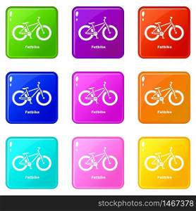 Fatbike icons set 9 color collection isolated on white for any design. Fatbike icons set 9 color collection