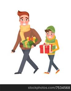 Father and boy with wrapped gift boxes and packages presents. Cartoon style male, customers isolated. Dad and son do shopping together, isolated vector. Father and Boy, Wrapped Gift Boxes and Packages