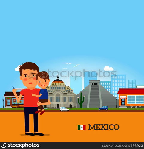 Father and child in Mexico. Vector illustration. Father and child in Mexico