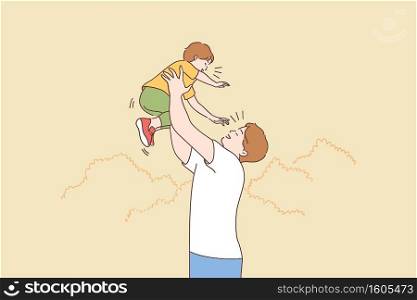 Father and child playing on nature concept. Happy young dad carrying son on raised hands during walking on nature in summer, family spending time together on vacation vector illustration . Father and child playing on nature concept