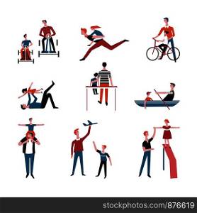 Father and child playing together with boy son or girl daughter, riding bicycle or boat with plane, driving carting car or having fun time. Vector flat cartoon isolated icons. Father and child playing vector icons