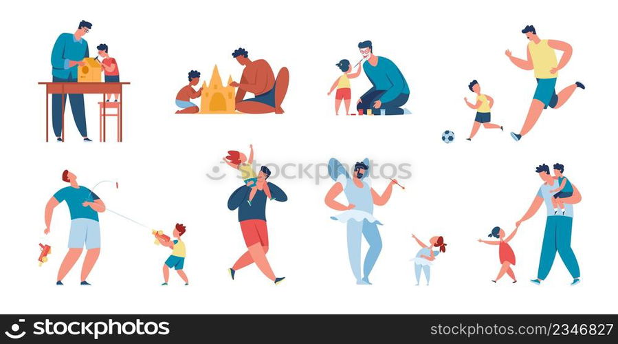 Father and child spending time together, fathers day, fatherhood. Happy kids with dads playing or having fun, dad and son activity vector set. Parent playing football wit boy, making sand castle. Father and child spending time together, fathers day, fatherhood. Happy kids with dads playing or having fun, dad and son activity vector set