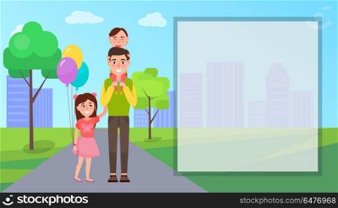 Father and Children Outdoor Vector Illustration. Vector illustration representing smiling father with children with ballons outdoor and big filling box on the right side of picture.