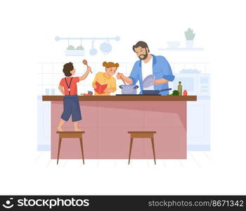 Father and children prepare soup. Family cooking together, men cook food at kitchen, eating dinner, home meal, eat at culinary table, vector illustration isolated on white background. Father and children prepare soup. Family cooking together, men cook food at kitchen, eating dinner, home meal, eat at culinary table, vector illustration