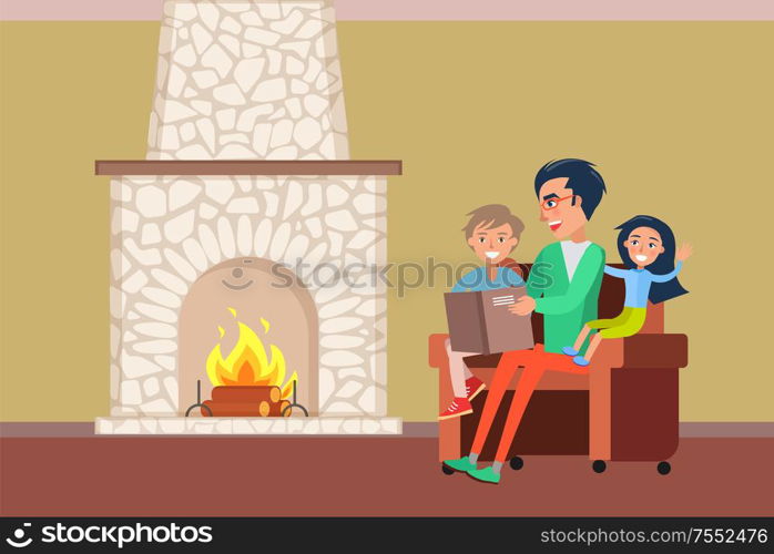 Father and children spending time by fireplace vector. Family evenings of people, daddy reading story to daughter and son sitting on armchair by warmth. Father and Children Spending Time by Fireplace