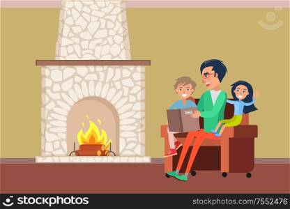 Father and children spending time by fireplace vector. Family evenings of people, daddy reading story to daughter and son sitting on armchair by warmth. Father and Children Spending Time by Fireplace