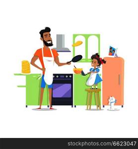 Father and daughter cooking dinner. Preparing breakfast together. Role model, greatest mentor. Part of series of fathers day celebration banners. Honoring dads. Fatherhood concept, paternal bonds. Vector. Father and Son Cooking Dinner. Preparing Breakfast