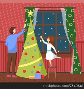 Father and daughter decorating pine tree for Christmas holiday vector. People at home in snowy evening. Family preparing for seasonal events. Interior of room with spruce and window with curtains. Christmas Holiday Preparation, Father and Daughter