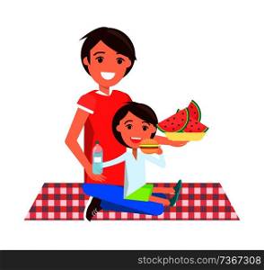 Father and daughter on picnic, sitting on squared blanket, dad holding plate with watermelon slices, girl eating cheeseburger vector illustration. Father and Daughter on Picnic Vector Illustration