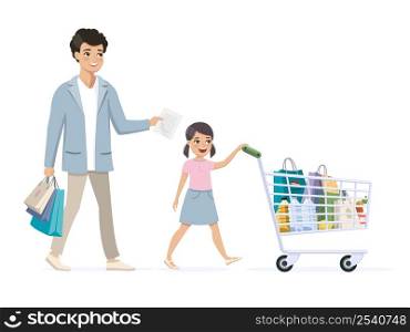 Father and daughter on shopping. Girl drives a full grocery cart. Vector illustration