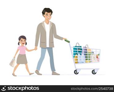Father and daughter on shopping with a full grocery cart. Vector illustration