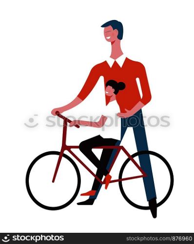Father and daughter ride bicycle. Vector cartoon faceless man teach girl child ride holding bicycle, having happy fun time together. Father and daughter child on vector bicycle