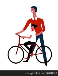 Father and daughter ride bicycle. Vector cartoon faceless man teach girl child ride holding bicycle, having happy fun time together. Father and daughter child on vector bicycle