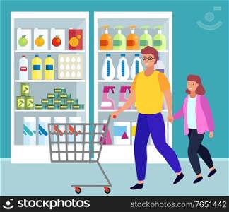 Father and daughter shopping together. Dad and girl with empty cart looking at juice and meal at fridge. Products assortment in supermarket. Soap in plastic bottle on shelf. Vector in flat style. Dad and Child Shopping at Supermarket Store Vector