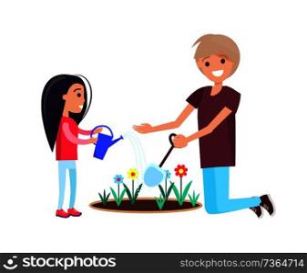 Father and daughter working in garden. Dad planting flowers with shovel in hand, girl watering bloomings from water can vector illustration isolated. Father and Daughter Working in Garden Dad Planting
