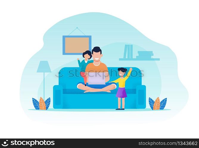 Father and Daughters Having Rest in Living Room. Man Sits on Sofa Using Laptop. Girls Attracting Dads Attention. Happy Family Evening. Recreation Together at Home. Vector Flat Cartoon Illustration. Father and Daughters Having Rest in Living Room