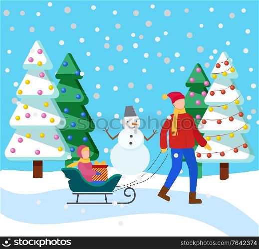 Father and his child spend time actively in winter snowy forest. Parent rides kid on sleigh. Girl sitting on sleigh with present inside box. Fir or pine trees covered in snow. Vector illustration flat. Father Rides Child on Sleigh, Snowy Winter Forest