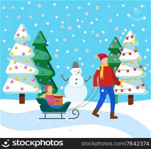 Father and his child spend time actively in winter snowy forest. Parent rides kid on sleigh. Girl sitting on sleigh with present inside box. Fir or pine trees covered in snow. Vector illustration flat. Father Rides Child on Sleigh, Snowy Winter Forest