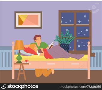 Father and kid in room vector daddy with child preparing to fall asleep, parent reading book sitting by bed of offspring, home interior with table and l&, concept for Father day. Dad Reading Bedtime Stories to Child in Rood Vector